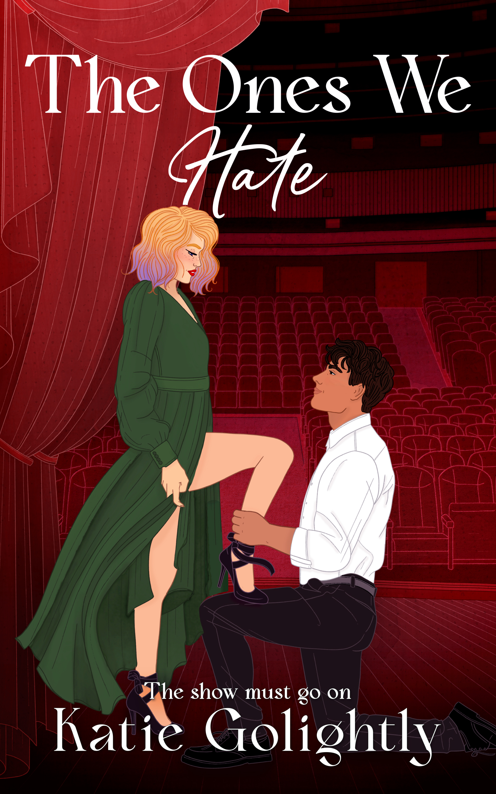 picture of man kneeling with a blonde woman's foot on his thigh with green dress